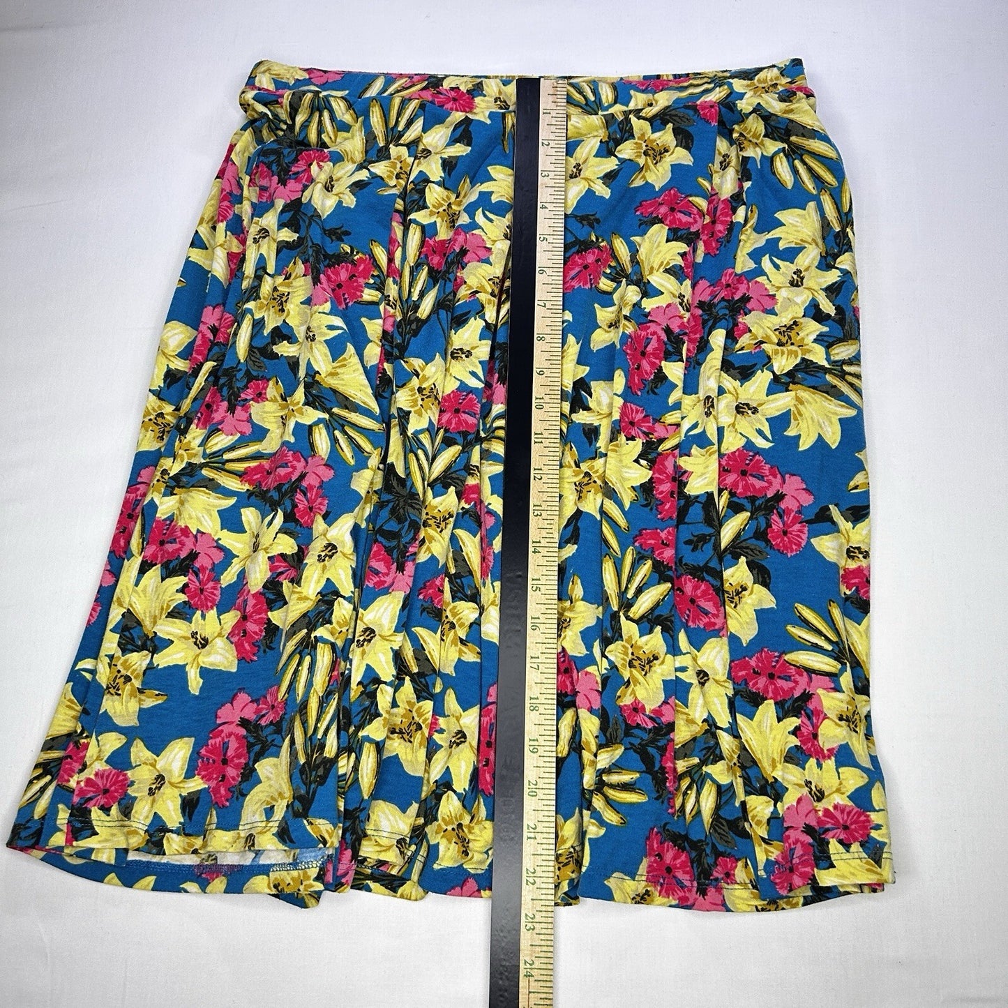 LuLaRoe XL Floral A-Line Skirt Blue Yellow Pink Pull On Stretch Midi Women's