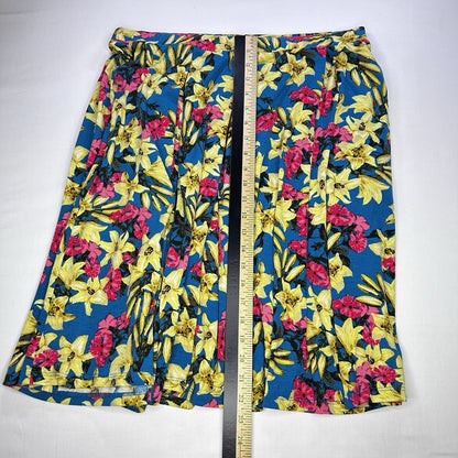 LuLaRoe XL Floral A-Line Skirt Blue Yellow Pink Pull On Stretch Midi Women's