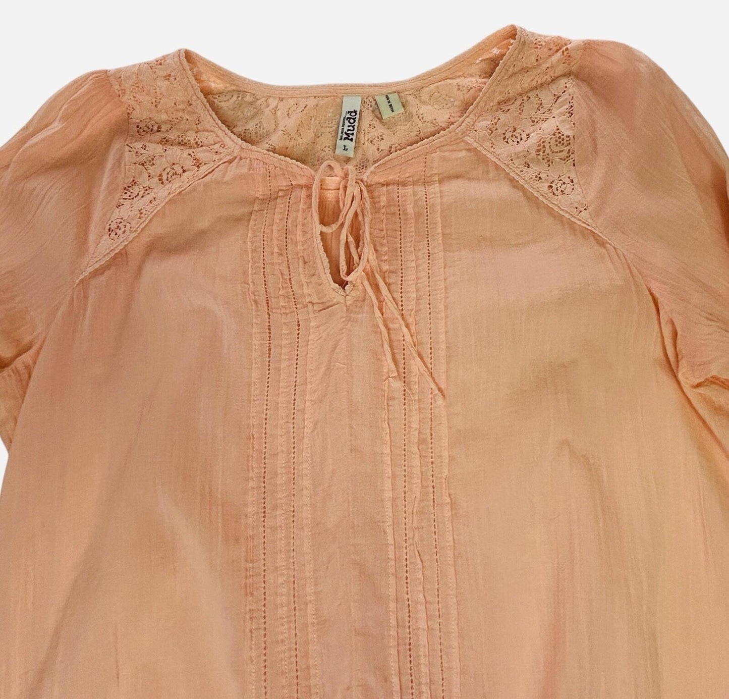 Mudd Womens Large Peach Boho Peasant Blouse Lace 3/4 Sleeve Cotton Top