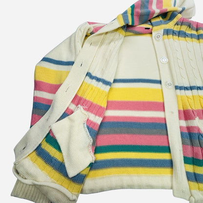 Women's Hooded Cable Knit Cardigan Sweater Pastel Stripe Button Front Pockets