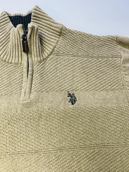 U.S. Polo Assn Quarter Zip Sweater Men’s Medium Tan Beige Textured Knit Pullover