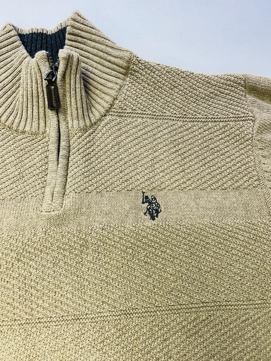 U.S. Polo Assn Quarter Zip Sweater Men’s Medium Tan Beige Textured Knit Pullover