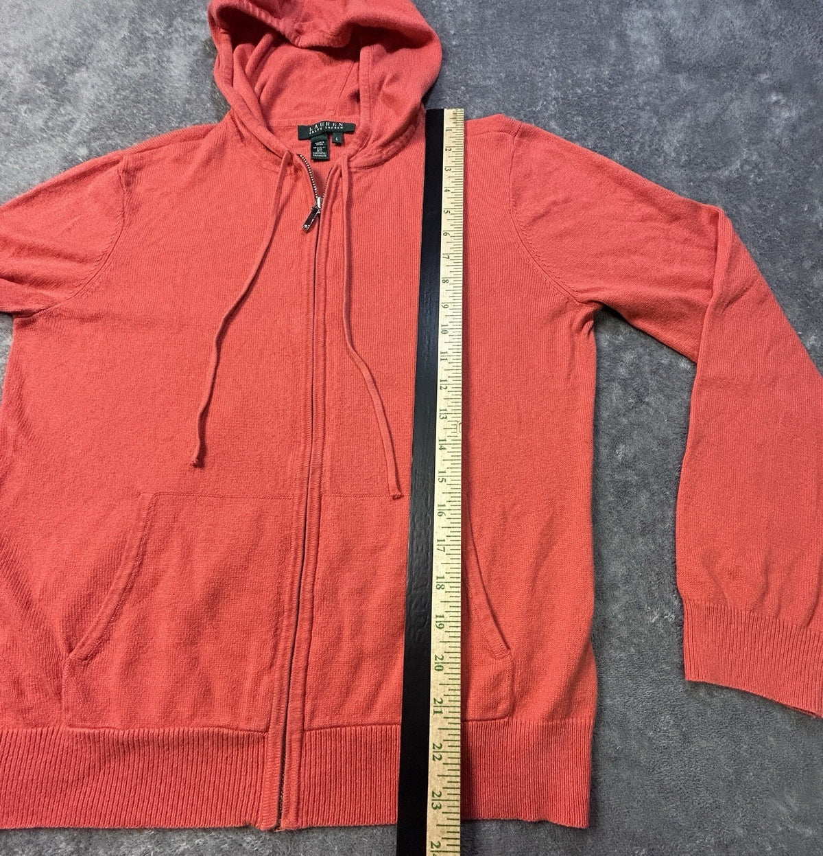 Lauren Ralph Lauren Silk Cashmere Hoodie Women L Full Zip Sweater Coral Orange