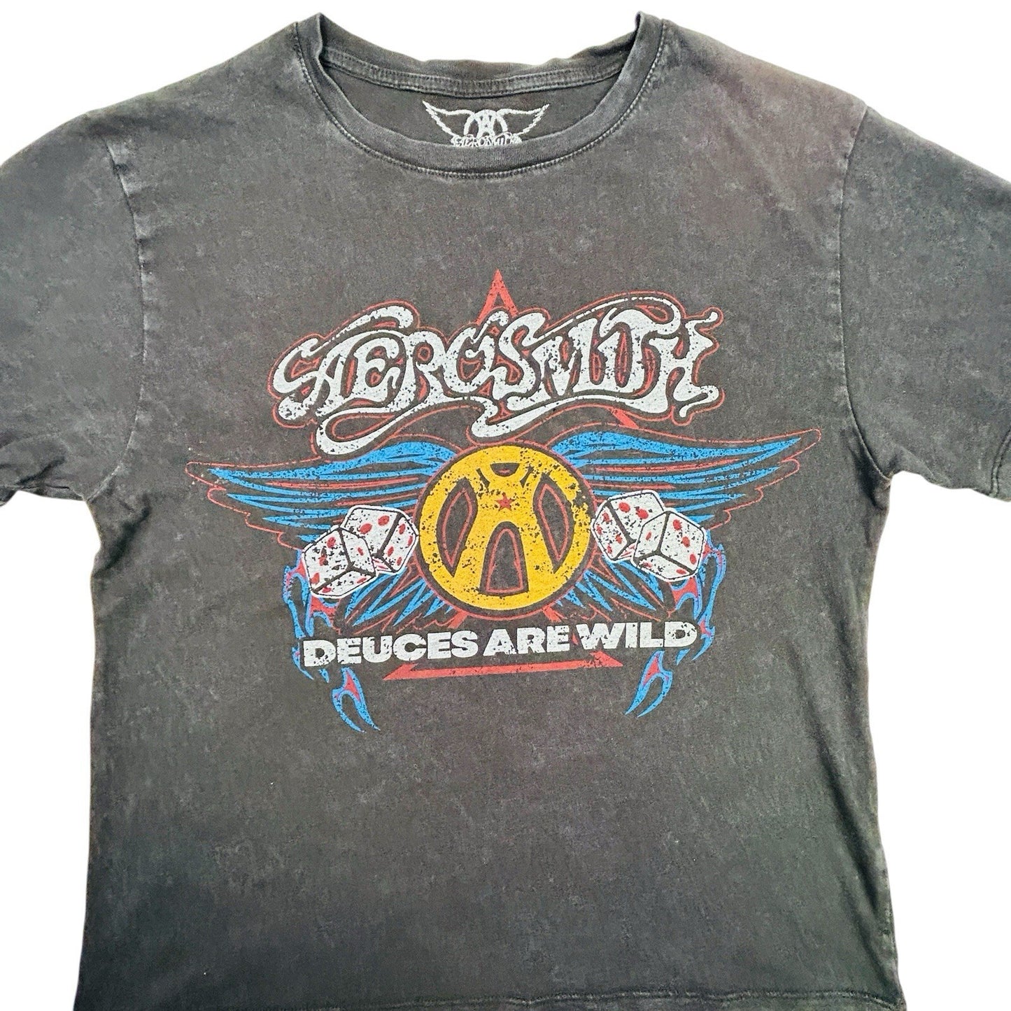 Aerosmith Deuces Are Wild Graphic Band T Shirt Mens XS Black Distressed Rock Tee