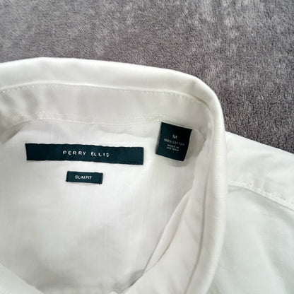 Perry Ellis Men’s White Button Down Shirt M Slim Fit 100% Cotton Roll Tab Sleeve