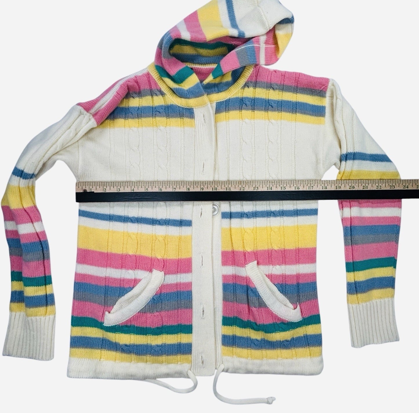 Women's Hooded Cable Knit Cardigan Sweater Pastel Stripe Button Front Pockets