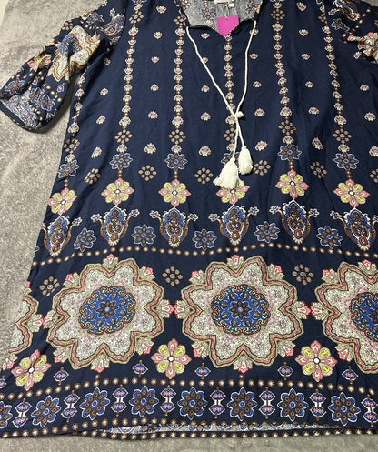 Halife Women’s XL Navy Boho Medallion Print Tunic Dress NWT 3/4 Sleeve