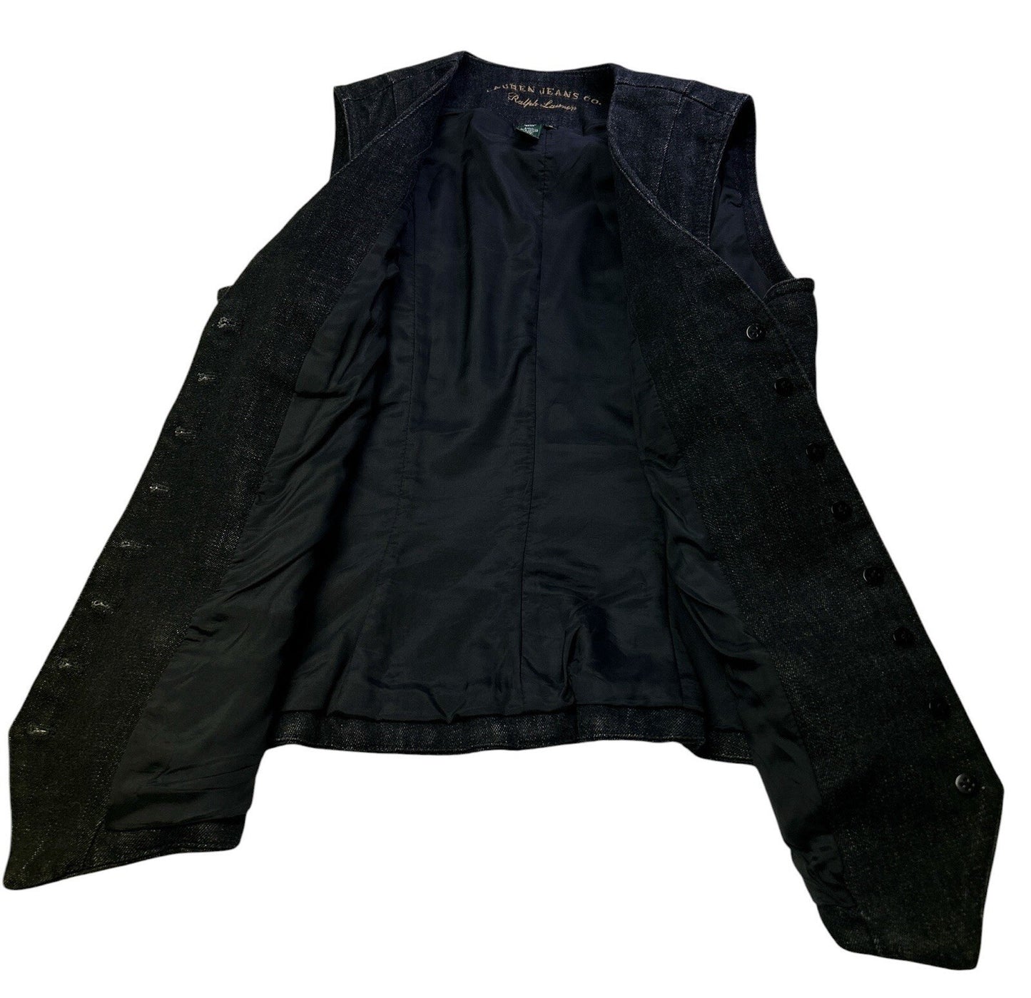 Ralph Lauren Jeans Co. Denim Vest Womens Medium Black Button Front Leather Trim