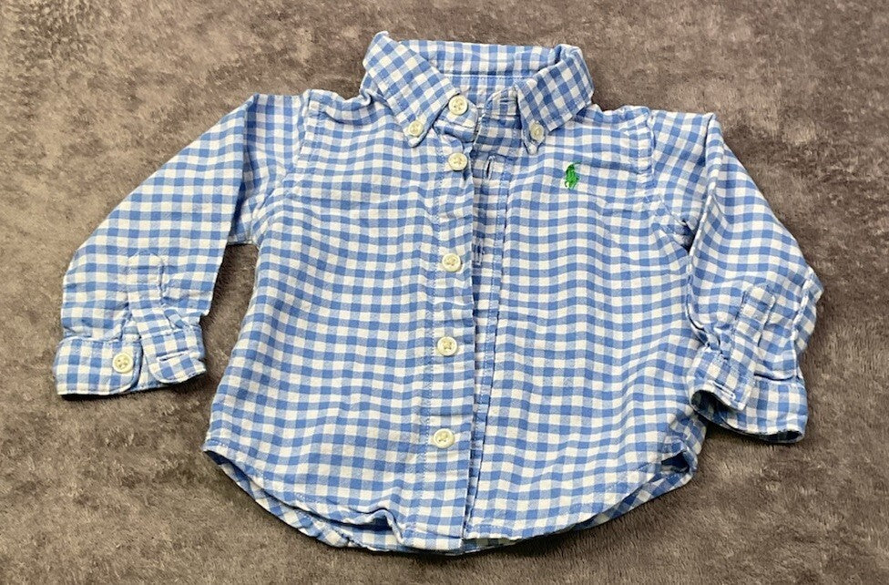 Ralph Lauren Baby Boys 3M Blue White Gingham Button Down Shirt Pony Logo 100% Co