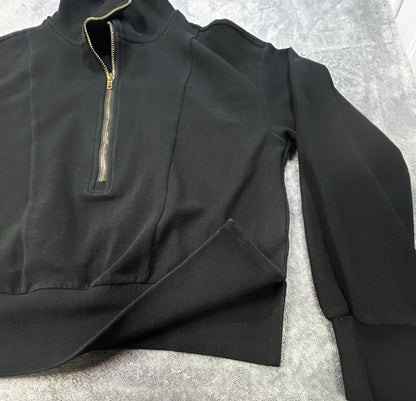 Caracilia Ribbed Quarter Zip Pullover Top Small Black