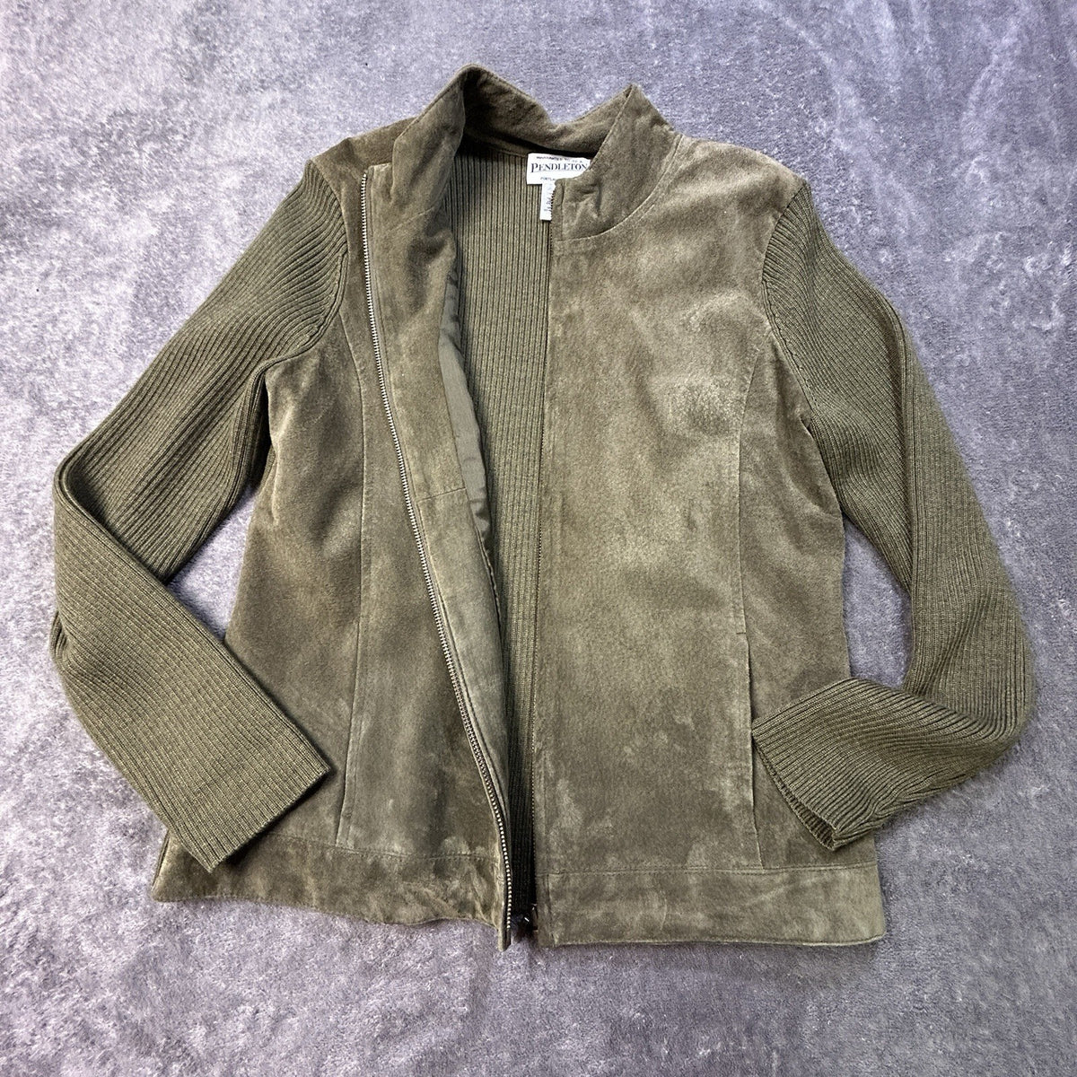 Pendleton Leather Merino Wool Zip Jacket Olive S