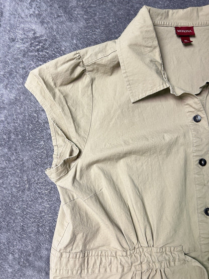 Merona Women’s XL Khaki Button Front Shirt Dress Tie Waist Pockets