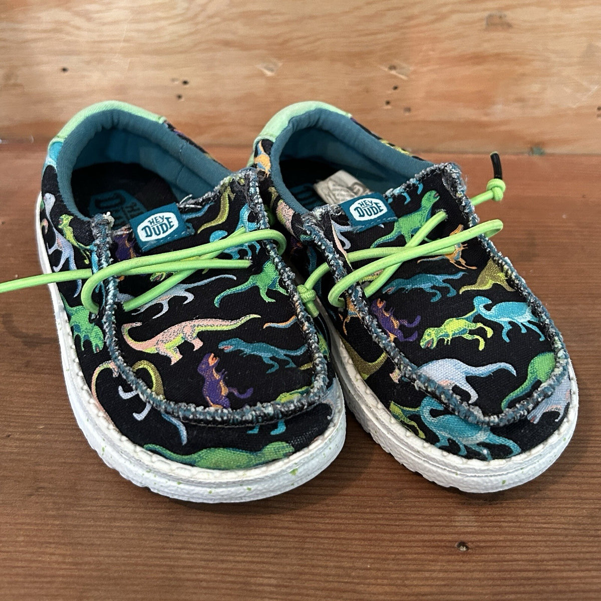 Hey Dude Wally Toddler C8 Dinosaur Shoes Black Multicolor Green Bungee Lace