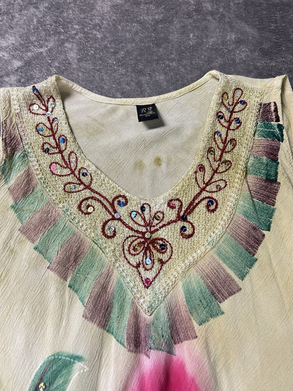 River Sun Women’s 3X Boho Dress Embroidered Sequin Floral Handkerchief Hem