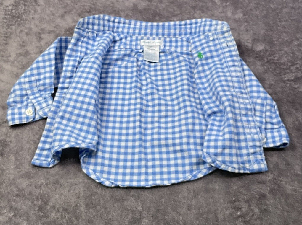Ralph Lauren Baby Boys 3M Blue White Gingham Button Down Shirt Pony Logo 100% Co