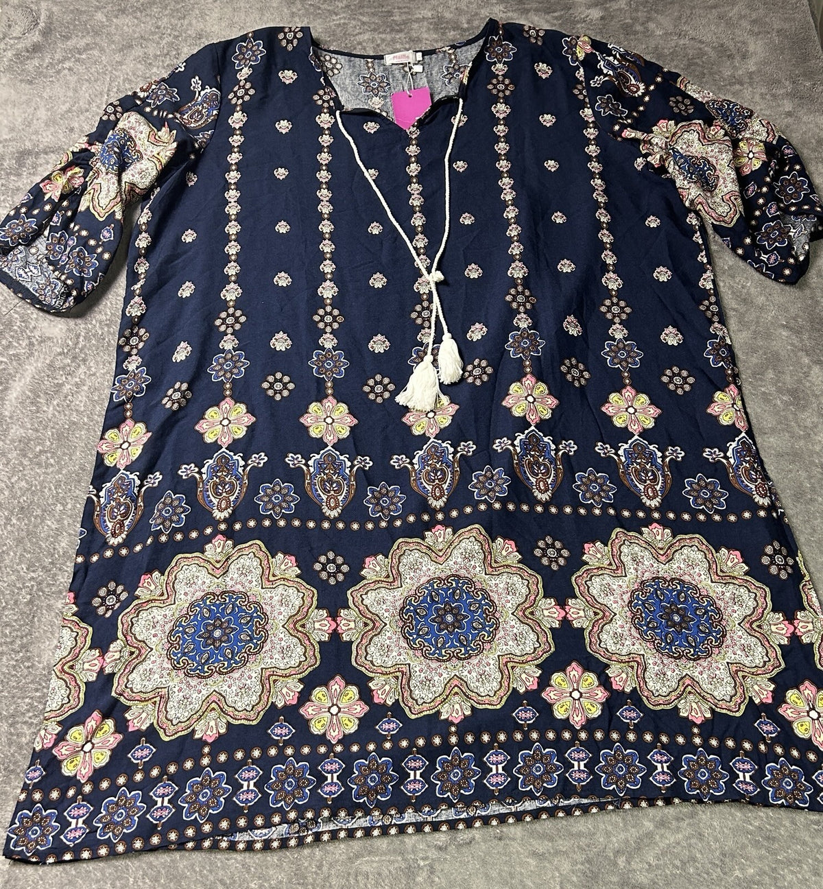 Halife Women’s XL Navy Boho Medallion Print Tunic Dress NWT 3/4 Sleeve