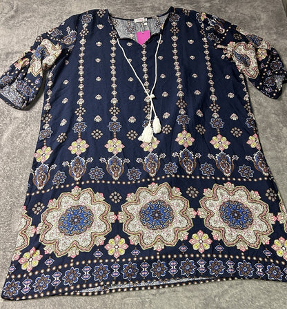 Halife Women’s XL Navy Boho Medallion Print Tunic Dress NWT 3/4 Sleeve